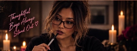 Majesty Flair wearing glasses, holding a pen. Thoughtful boys always stand out.