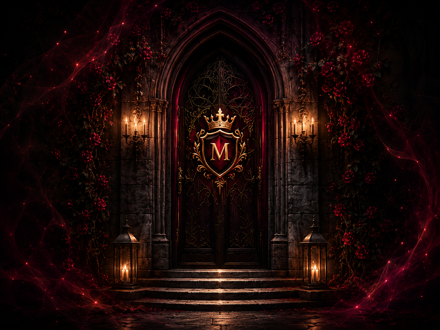 A gothic arched Majesty Flair doorway surrounded by roses, lanterns and ruby light.
