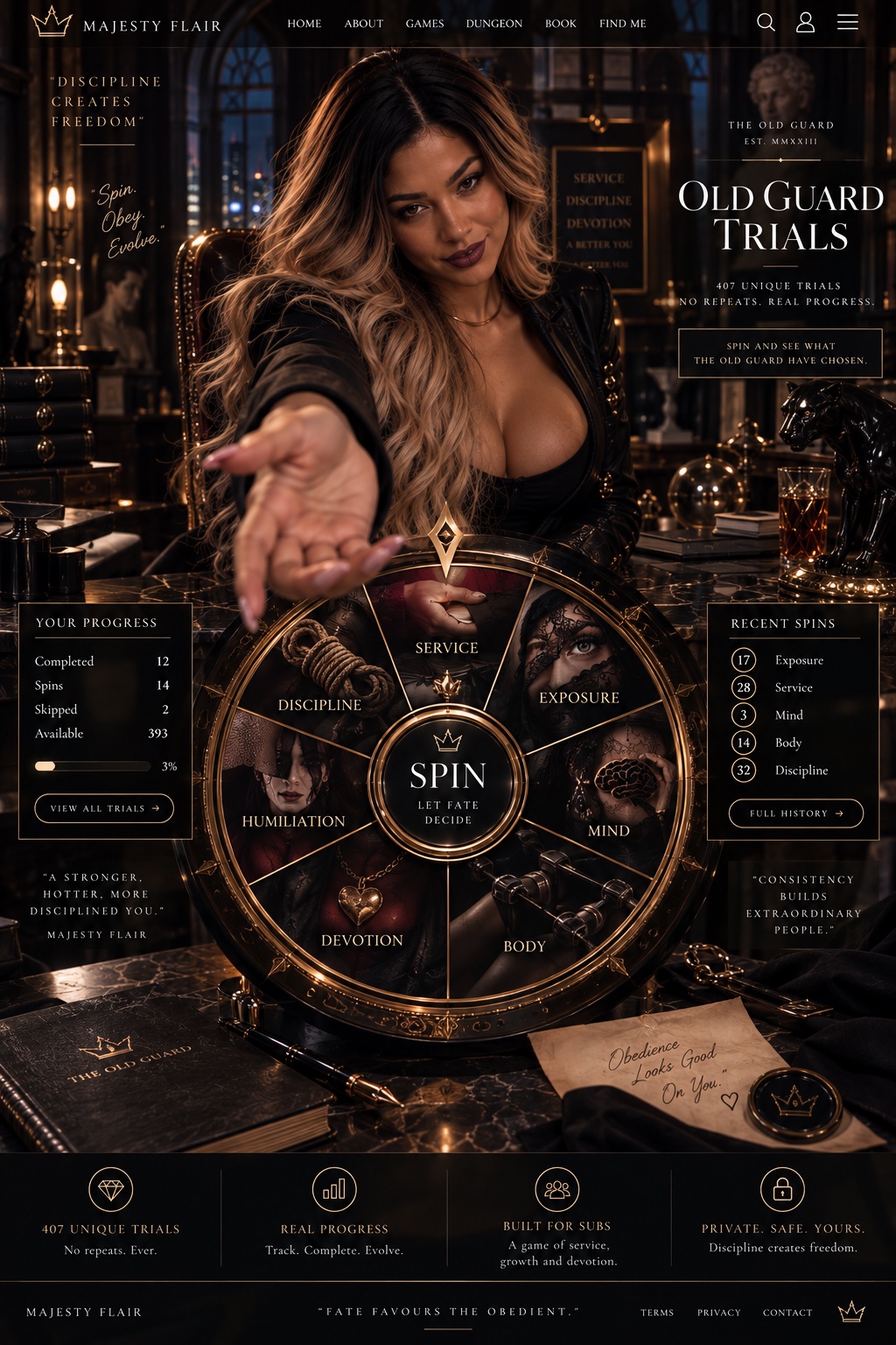 Majesty Flair in an Old Guard study beside a gold-framed roulette, with the trial interface set into the room.