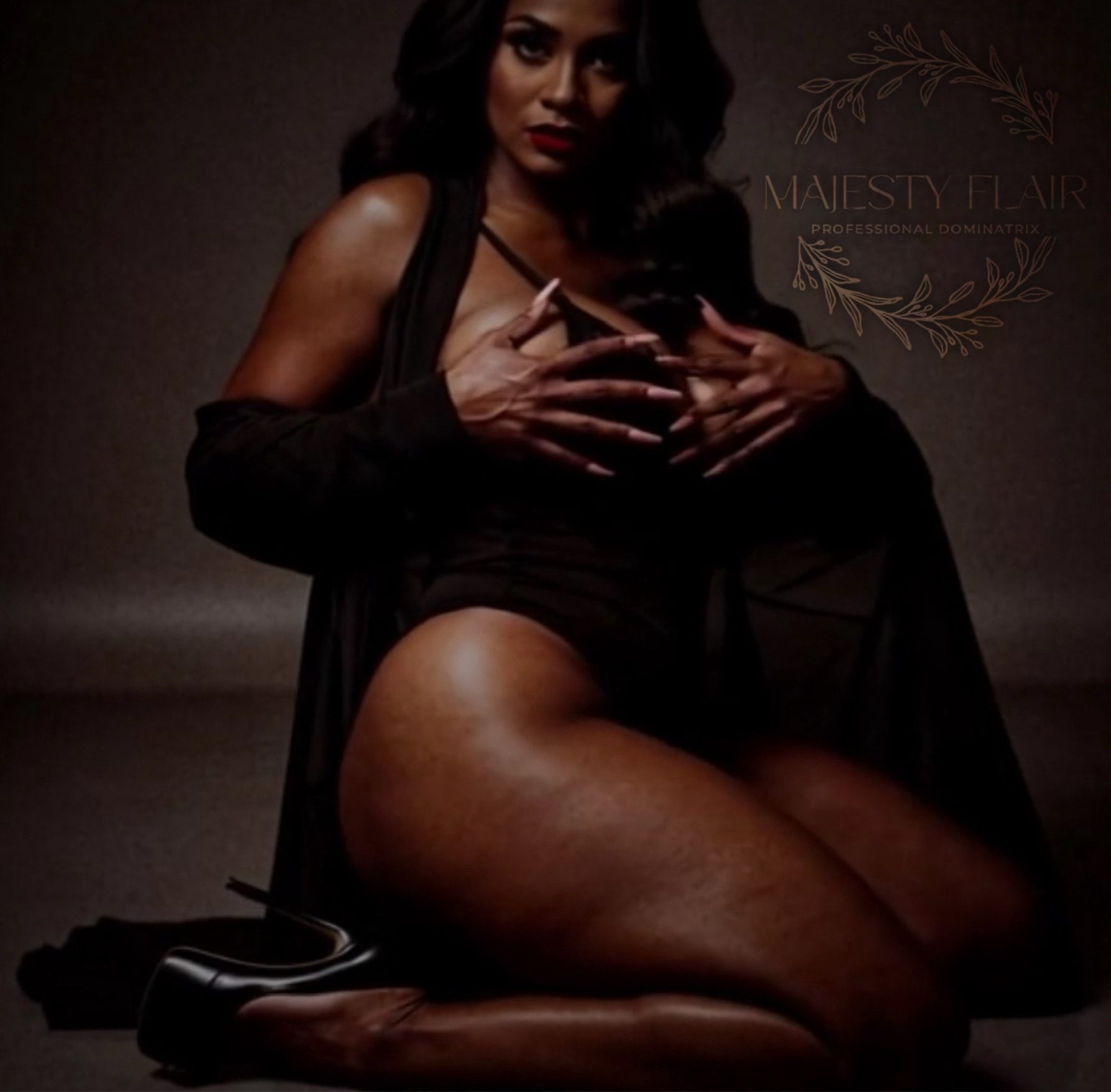 Majesty Flair looking directly at the camera in the black studio series